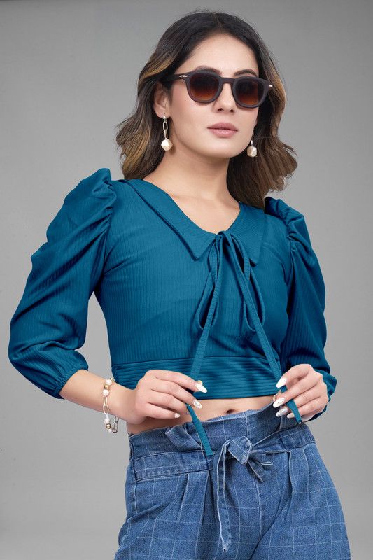 Casual Balloon Sleeve Self Design Women Dark Blue Top