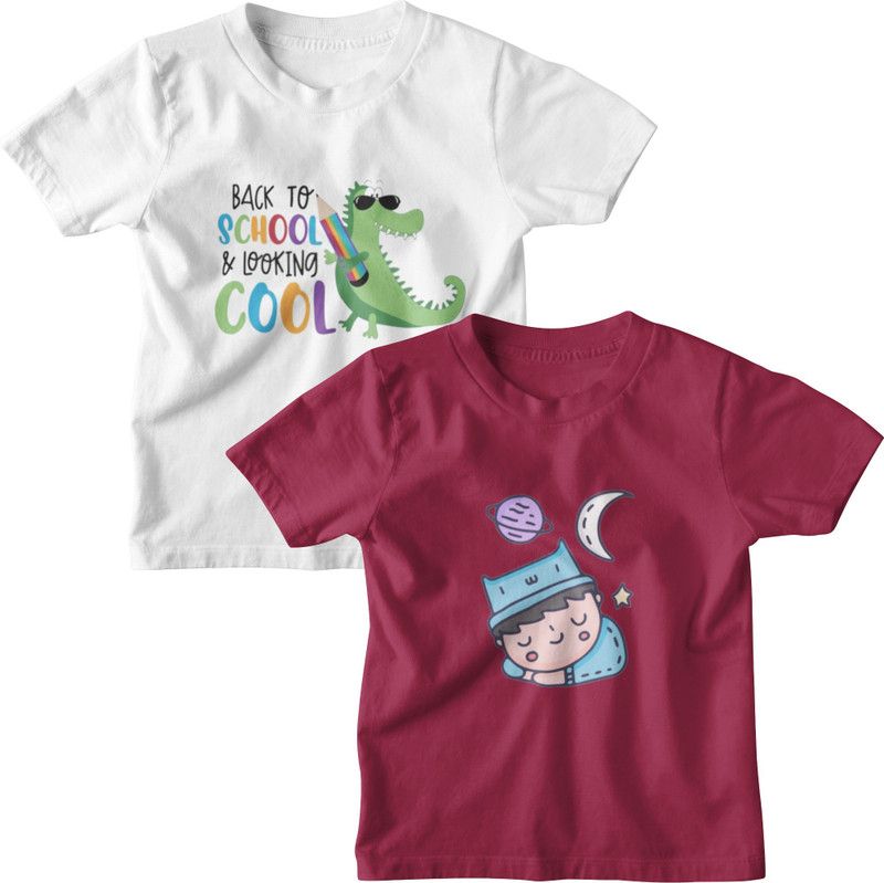 Boys & Girls Printed Pure Cotton T Shirt  (Maroon, Pack of 2)
