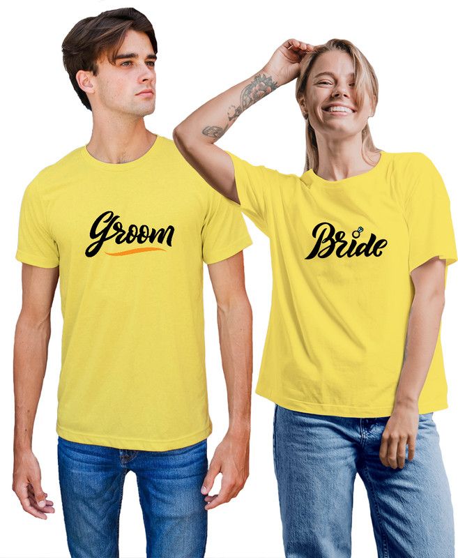 Pack of 2 Couple Graphic Print Crew Neck Cotton Blend Yellow T-Shirt