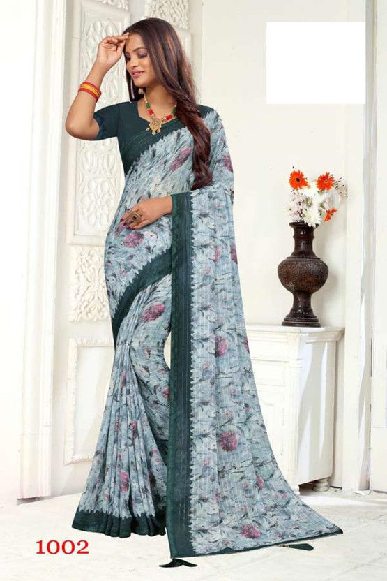 Printed, Floral Print Bollywood Georgette Saree  (Dark Green)