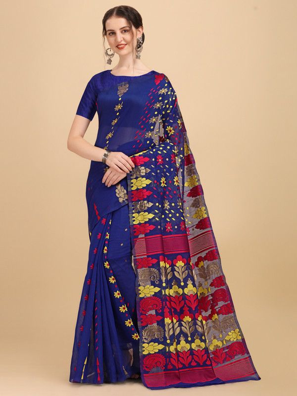 Printed Jamdani Cotton Silk Saree  (Dark Blue)