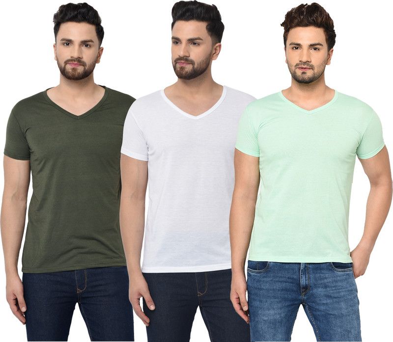 Pack of 3 Men Solid V Neck Cotton Blend Light Blue, Green, White T-Shirt