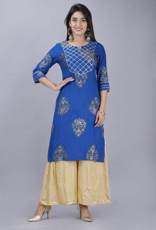 Blue & Beige color Rayon Gold Print Sweetheart Neck collar 3/4th sleeves Normal kurta kurti with Palazzo Set for women Floral Print Kurta, Palazzo & Dupatta Set
