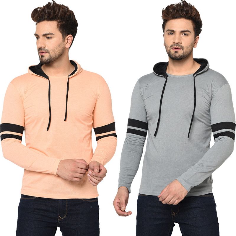 Pack of 2 Double Hood Combo Men Solid Hooded Neck Cotton Blend Beige, Grey T-Shirt