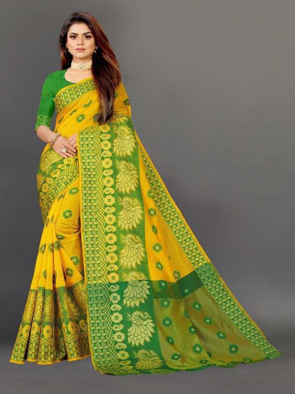 Temple Border, Striped, Woven, Animal Print, Checkered, Solid/Plain Bollywood Jacquard, Cotton Silk Saree  (Yellow)