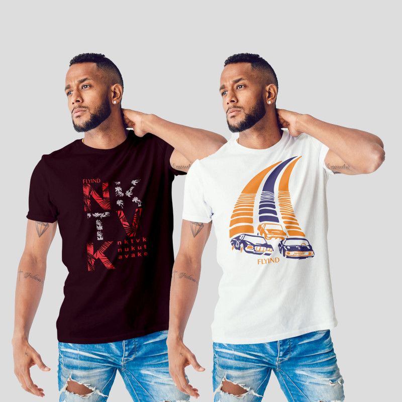 Pack of 2 Men Printed Round Neck Poly Cotton White, Maroon T-Shirt