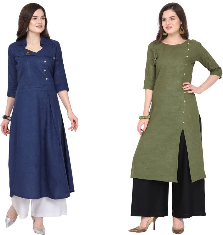 Pack of 2 Women Solid Cotton Blend Flared Kurta  (Dark Green, Blue)