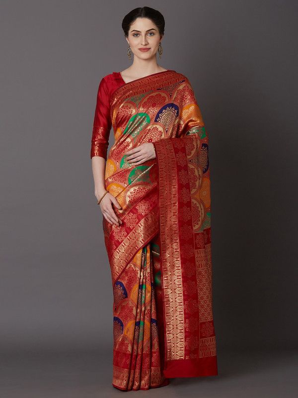 Self Design, Geometric Print, Woven Banarasi Silk Blend, Jacquard Saree  (Red)