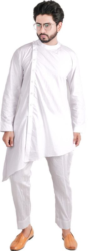 Men Solid Cotton Blend High Low Kurta  (White)