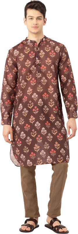 Men Printed Polyester Pathani Kurta  (Maroon)