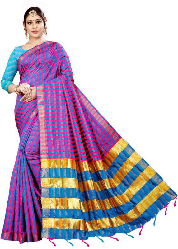 Checkered Chettinadu Silk Blend Saree  (Blue, Pink)