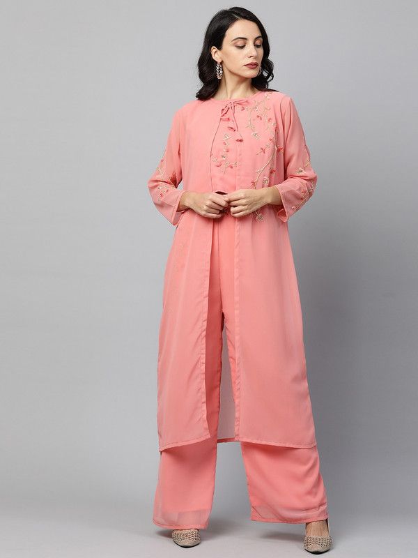 Women Ethnic Jacket, Top and Palazzo Set Georgette