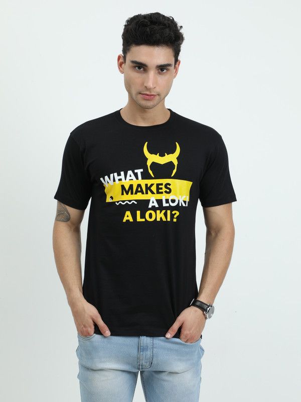 Loki Men Printed Round Neck Pure Cotton Black T-Shirt