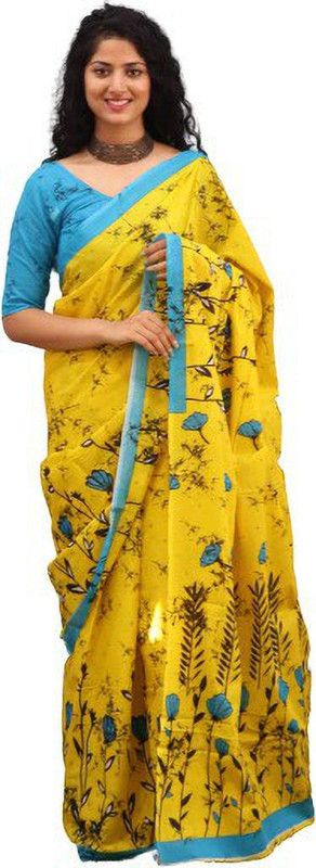 Floral Print Ikkat Pure Cotton Saree  (Yellow)