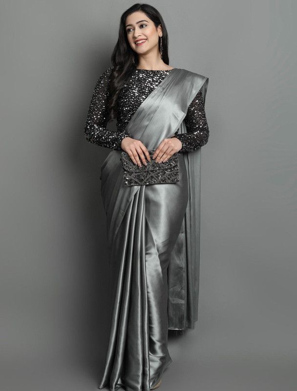 Solid/Plain Banarasi Satin Saree  (Grey)