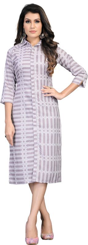 Women Striped Viscose Rayon Frontslit Kurta  (Grey)