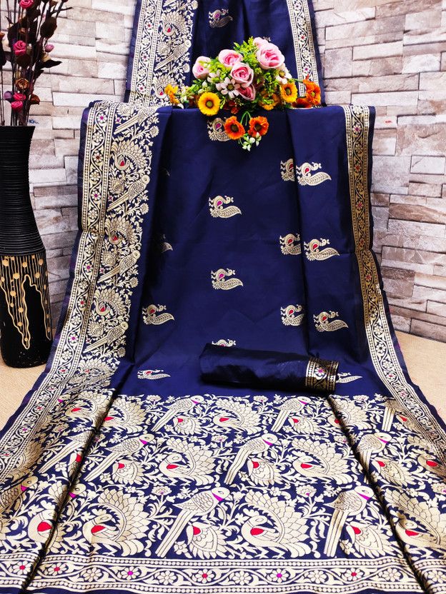Paisley Kanjivaram Silk Blend Saree  (Dark Blue)