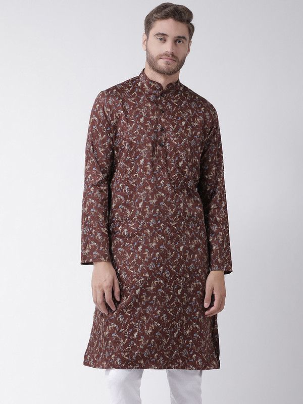 Men Printed Cotton Linen Straight Kurta  (Brown)