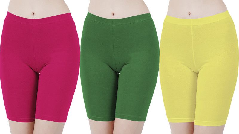 Pack of 3 Solid Women Pink, Green, Yellow Cycling Shorts