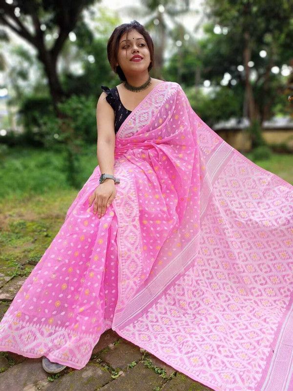 Polka Print Tant Cotton Silk Saree  (White, Pink, Light Green)