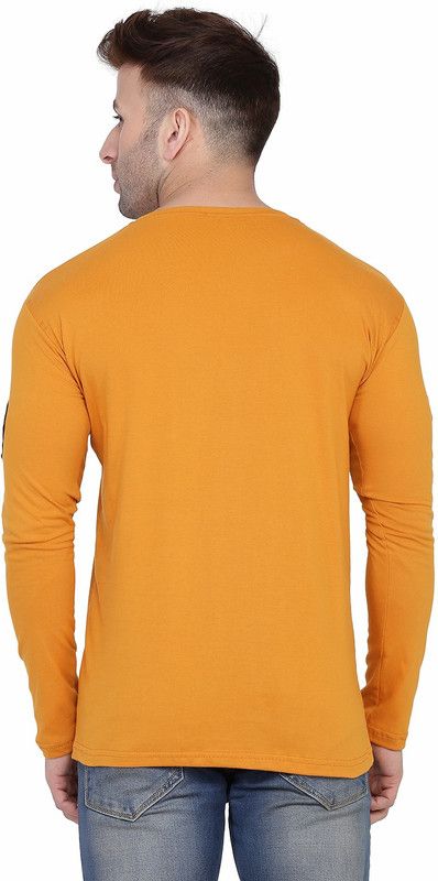 Men Solid V Neck Cotton Blend Gold T-Shirt