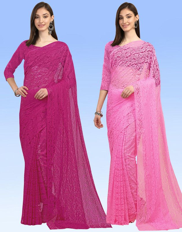 Embellished Bollywood Net, Brasso Saree  (Pack of 2, Magenta, Pink)