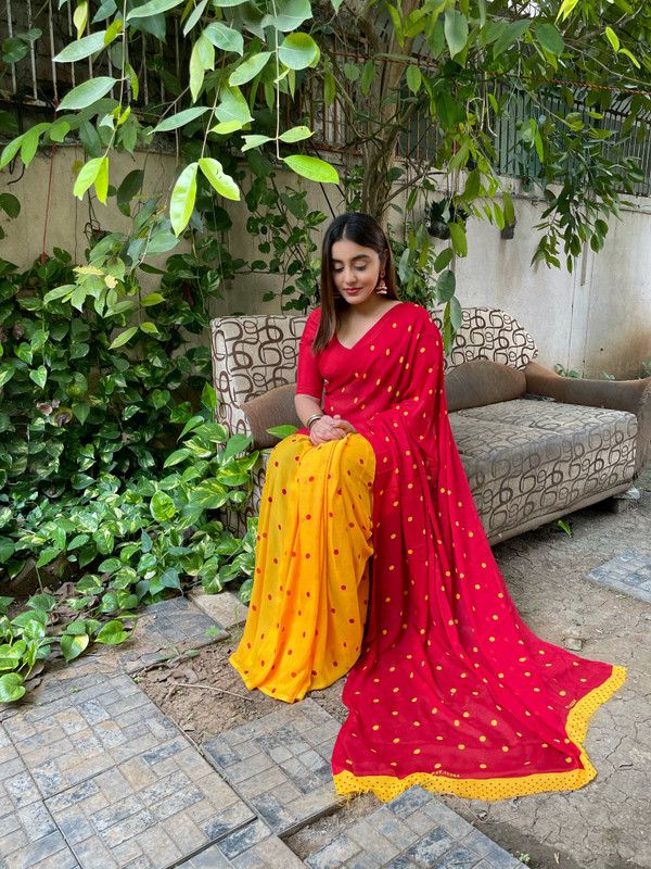 Fashion Georgette Saree  (Yellow, Red)