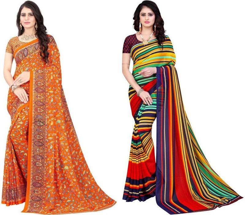 Printed Daily Wear Georgette Saree  (Pack of 2, Multicolor, Orange)