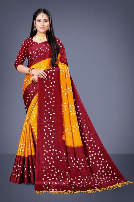 Bandhani Silk Blend Saree  (Yellow, Brown)