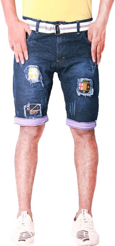 Embroidered Men & Women Reversible Denim Blue Denim Shorts
