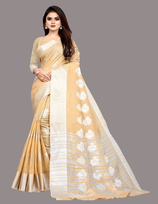 Woven Maheshwari Cotton Blend Saree  (Beige)