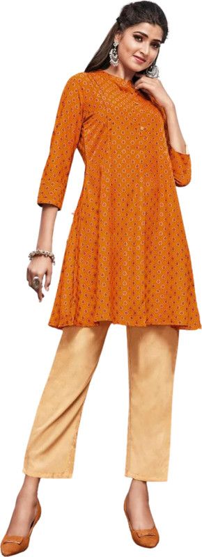 Women Self Design Modal Flared Kurta  (Orange)