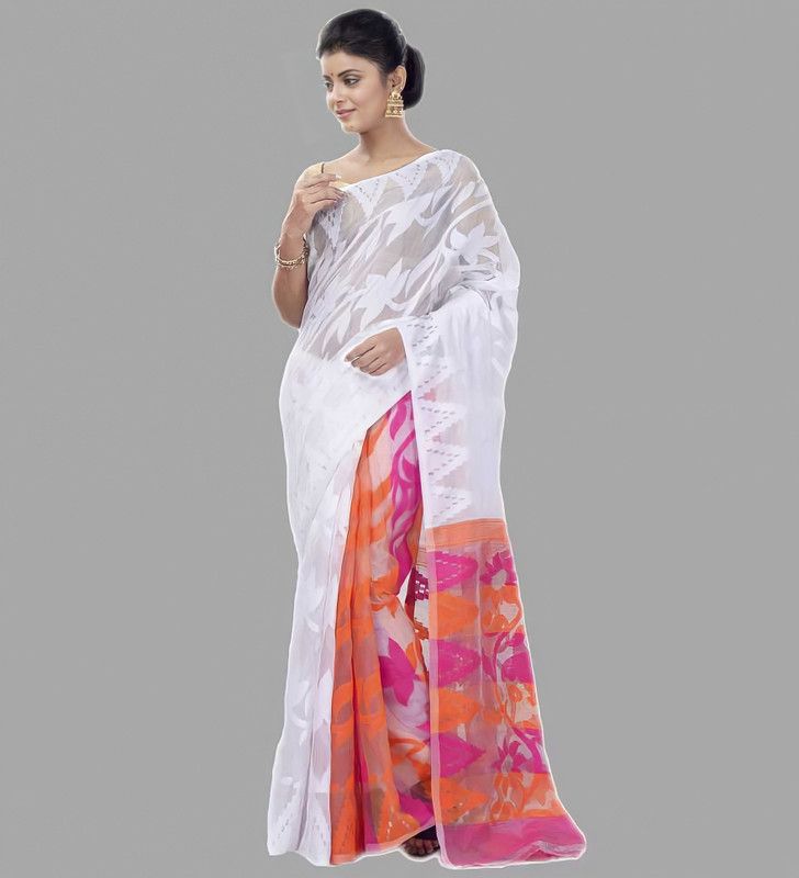 Embroidered Jamdani Cotton Silk Saree  (White, Pink, Orange)