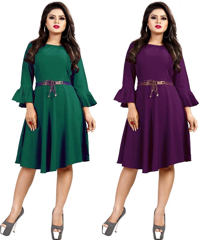 Women A-line Green, Purple Dress