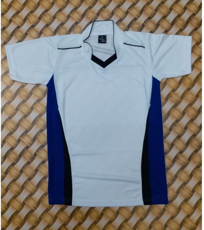 Men Solid Mandarin Collar Polyester Dark Blue, White T-Shirt