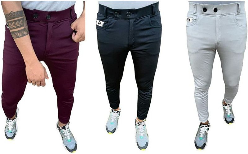 Pack of 3 Men Regular Fit Multicolor Lycra Blend Trousers