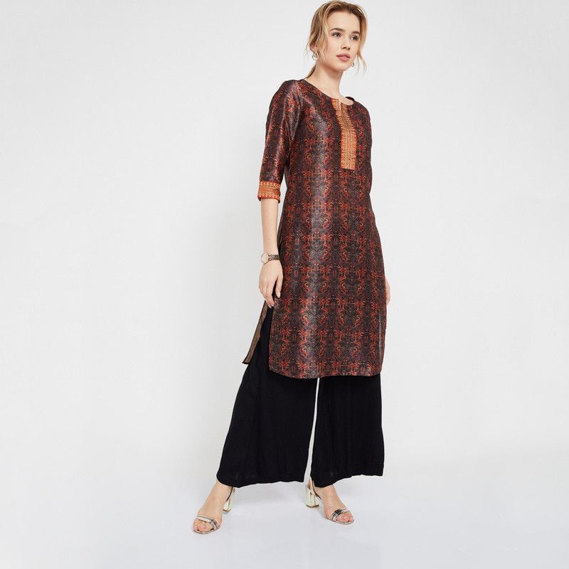 Women Printed Pure Silk Straight Kurta  (Red, Brown, Orange)