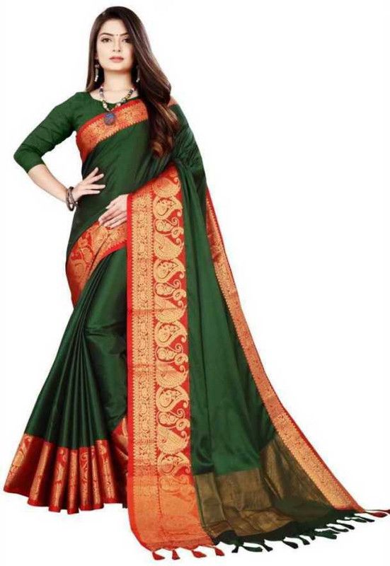 Self Design Dharmavaram Cotton Silk Saree  (Dark Green)