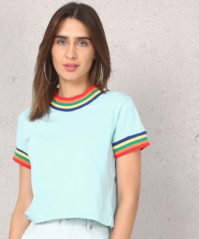 Striped Women Round Neck Cotton Blend Blue T-Shirt