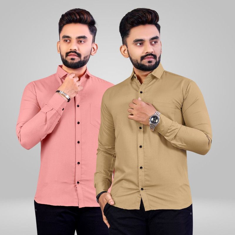 Men Solid Casual Khaki, Pink Shirt  (Pack of 2)