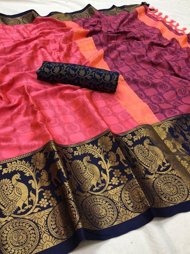 Self Design, Animal Print Assam Silk Jacquard, Cotton Silk Saree  (Pink)