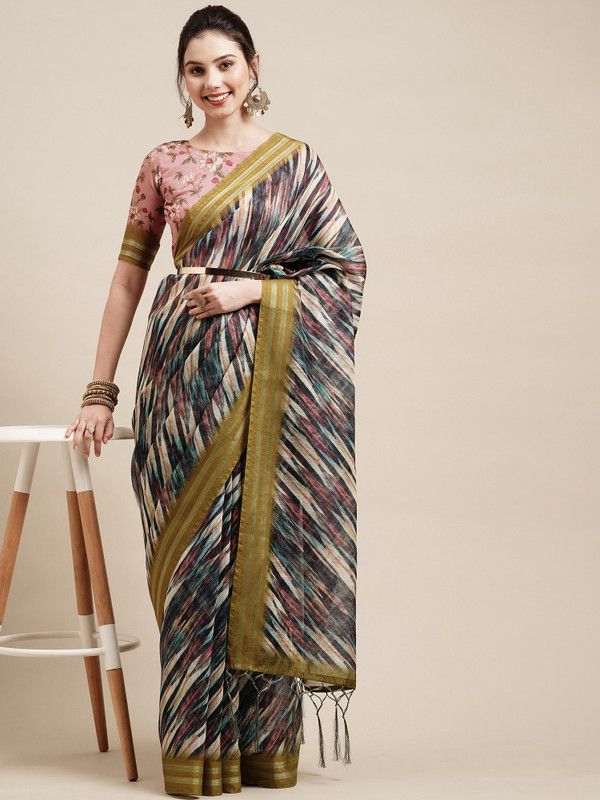 Geometric Print Bollywood Linen Saree  (Dark Blue)