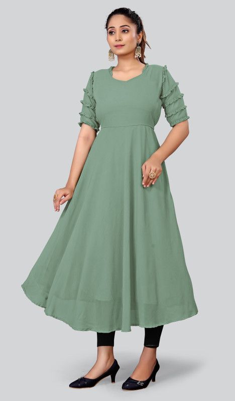 Women Solid Georgette Flared Kurta  (Light Green)