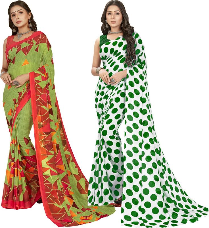 Printed Daily Wear Georgette Saree  (Pack of 2, Dark Green, Red, Green, White)