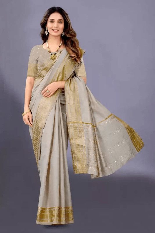 Solid/Plain Assam Silk Cotton Linen, Pure Cotton Saree  (Grey)
