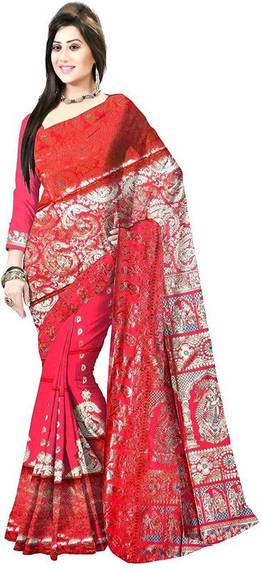 Printed Baluchari Pure Silk Saree  (Red)