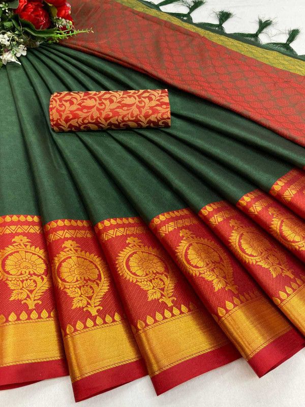 Self Design Banarasi Jacquard Saree  (Green, Red)