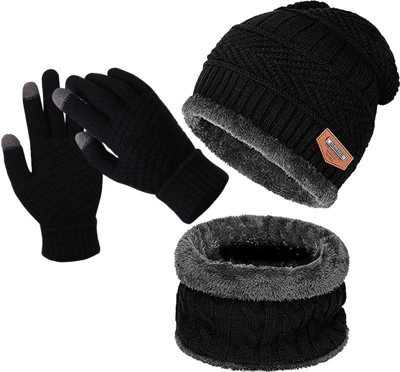winter woolen beanie cap with Scarf and Touchscreen Gloves Set for men & women Cap