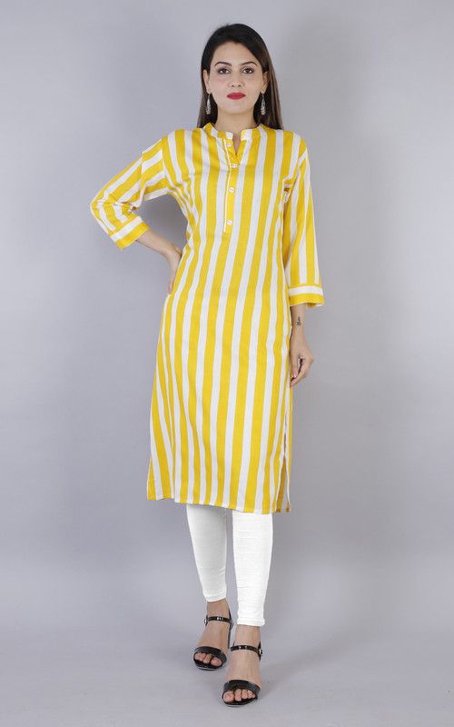 Women Striped Cotton Rayon Straight Kurta  (Yellow)