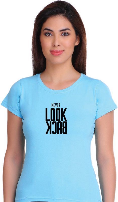 Women Typography Round Neck Cotton Blend Light Blue T-Shirt